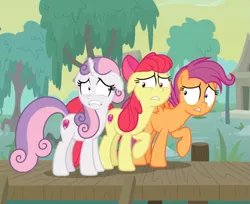 Size: 645x526 | Tagged: safe, derpibooru import, screencap, apple bloom, scootaloo, sweetie belle, earth pony, pegasus, pony, unicorn, growing up is hard to do, cropped, cutie mark, cutie mark crusaders, faic, female, floppy ears, mare, older, older apple bloom, older cmc, older scootaloo, older sweetie belle, raised hoof, scared, shrunken pupils, the cmc's cutie marks, trio