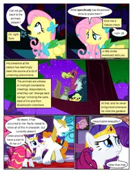 Size: 612x792 | Tagged: safe, artist:newbiespud, derpibooru import, edit, edited screencap, screencap, fluttershy, prince blueblood, rarity, bird, pegasus, pony, squirrel, unicorn, vulture, comic:friendship is dragons, the best night ever, bowtie, canterlot gardens, clothes, comic, dialogue, dress, female, flower, frown, gala dress, glass slipper (footwear), high heels, jewelry, looking up, male, mare, night, rose, sad, scared, screencap comic, shoes, stallion, stars, tiara, unshorn fetlocks, worried