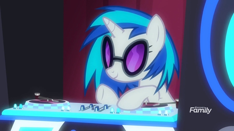 Size: 1920x1080 | Tagged: safe, derpibooru import, screencap, vinyl scratch, pony, unicorn, a horse shoe-in, discovery family logo, female, mare, solo, turntable