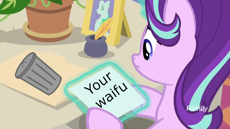 Size: 1920x1080 | Tagged: safe, derpibooru import, edit, edited screencap, screencap, phyllis, starlight glimmer, pony, unicorn, a horse shoe-in, discovery family logo, female, mare, photo, trash can, your waifu is trash