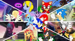 Size: 4202x2314 | Tagged: safe, artist:trungtranhaitrung, derpibooru import, rainbow dash, songbird serenade, sunset shimmer, tempest shadow, twilight sparkle, twilight sparkle (alicorn), oc, oc:delta brony, alicorn, echidna, hedgehog, jackal, pegasus, pony, unicorn, wolf, equestria girls, equestria girls series, my little pony: the movie, alicorn oc, broken horn, classic sonic, crossover, female, gadget the wolf, geode of empathy, horn, infinite (character), knuckles the echidna, magical geodes, male, mare, phantom ruby, sega, shadow the hedgehog, sonic forces, sonic the hedgehog, sonic the hedgehog (series), stallion, video game, wings, zavok