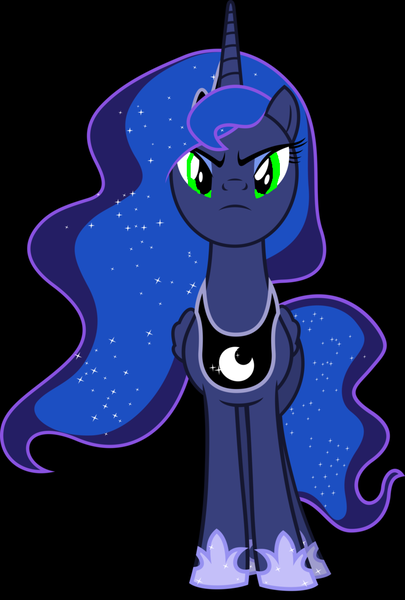 Size: 735x1089 | Tagged: safe, artist:trevor7626, derpibooru import, princess luna, alicorn, pony, alternate eye color, black background, ethereal mane, female, frown, hoof shoes, mare, simple background, starry mane