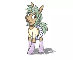 Size: 3000x2500 | Tagged: safe, artist:fynjy-87, derpibooru import, snails, pony, unicorn, choker, clothes, crossdressing, cute, freckles, glitter shell, happy, male, miniskirt, pleated skirt, simple background, skirt, socks, solo