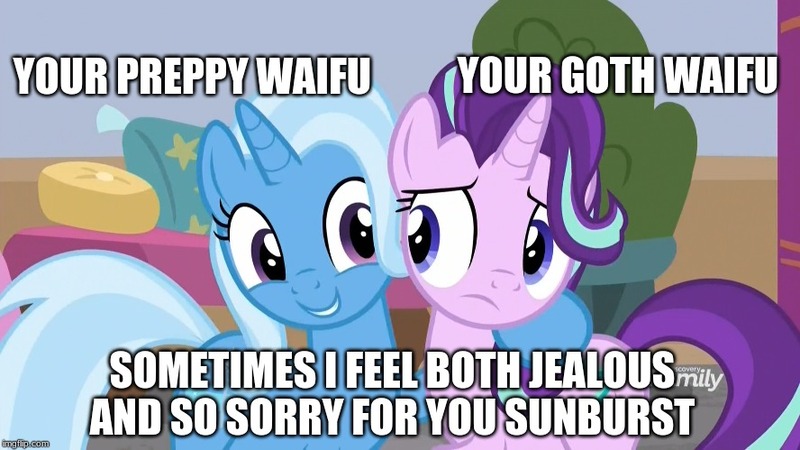 Size: 888x499 | Tagged: safe, derpibooru import, edit, edited screencap, screencap, starlight glimmer, trixie, pony, unicorn, a horse shoe-in, caption, eye contact, female, frown, goth, hoof on shoulder, image macro, implied shipping, implied starburst, implied startrixburst, implied straight, implied sunburst, implied trixburst, looking at each other, male, mare, not sure if want, preppy, shipping, side hug, smiling, straight, text, waifu