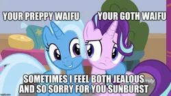 Size: 888x499 | Tagged: safe, derpibooru import, edit, edited screencap, screencap, starlight glimmer, trixie, pony, unicorn, a horse shoe-in, caption, eye contact, female, frown, goth, hoof on shoulder, image macro, implied shipping, implied starburst, implied startrixburst, implied straight, implied sunburst, implied trixburst, looking at each other, male, mare, not sure if want, preppy, shipping, side hug, smiling, straight, text, waifu