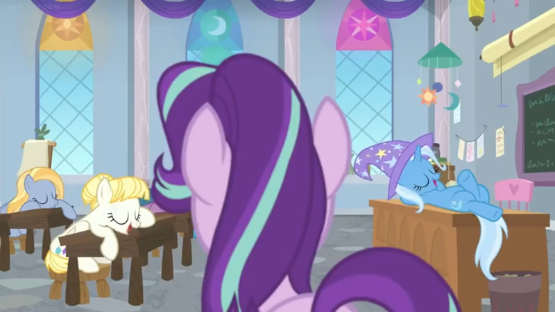 Size: 1600x900 | Tagged: safe, derpibooru import, screencap, goldy wings, loganberry, starlight glimmer, summer breeze, trixie, pegasus, pony, unicorn, a horse shoe-in, chalkboard, classroom, desk, female, friendship student, lazy, lying down, mare, sleeping, stool, teacher's desk, window