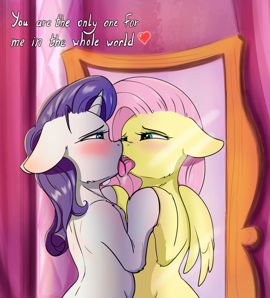 Size: 1770x1954 | Tagged: questionable, artist:alcor, artist:kirr12, derpibooru import, edit, fluttershy, rarity, pegasus, pony, unicorn, against glass, ahegao, bedroom eyes, blushing, dialogue, drool, duo, female, flarity, floppy ears, french kiss, glass, heart, human shoulders, kissing, lesbian, licking, magic mirror, mare, mirror, open mouth, shipping, speech, talking, tongue out