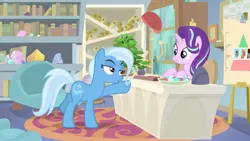 Size: 1600x900 | Tagged: safe, derpibooru import, screencap, big macintosh, doctor whooves, octavia melody, phyllis, starlight glimmer, time turner, trixie, pony, unicorn, a horse shoe-in, book, bookshelf, cabinet, clothes hanger, desk, female, house plant, mare, office, philodendron, photos, picture frame, pointing, pyramid, rug, scroll, shelf, sitting