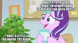 Size: 888x499 | Tagged: safe, derpibooru import, edit, edited screencap, screencap, phyllis, starlight glimmer, pony, unicorn, a horse shoe-in, bulletin board, caption, female, grin, house plant, image macro, implied trixie, levitation, magic, mare, nervous, nervous grin, office, philodendron, picture frame, smiling, telekinesis, text