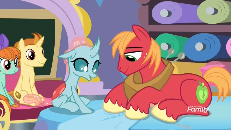 Size: 1920x1080 | Tagged: safe, derpibooru import, screencap, big macintosh, golden crust, ocellus, peppermint goldylinks, changedling, changeling, earth pony, pegasus, pony, unicorn, a horse shoe-in, classroom, discovery family logo, fabric, female, friendship student, male, mare, school of friendship, sewing, sitting, stallion, stitch, teenager