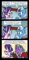 Size: 1308x2655 | Tagged: safe, artist:bobthedalek, derpibooru import, firelight, starlight glimmer, trixie, pony, unicorn, a horse shoe-in, clipboard, dialogue, father and child, father and daughter, fathers gonna father, female, hammock, male, pencil, smoke bomb, speech bubble, starlight is not amused, trixie's wagon, unamused