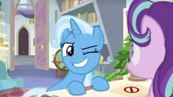 Size: 1600x900 | Tagged: safe, derpibooru import, screencap, phyllis, starlight glimmer, trixie, pony, unicorn, a horse shoe-in, bookshelf, desk, door, female, folder, house plant, mare, mints, office, one eye closed, philodendron, picture frame, scroll, shelf, wink