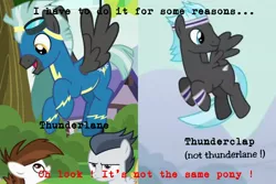 Size: 2048x1365 | Tagged: safe, derpibooru import, edit, edited screencap, screencap, pipsqueak, rumble, thunderclap, thunderlane, pegasus, pony, caption, clothes, comparison, image macro, not thunderlane, text, uniform, wonderbolts uniform