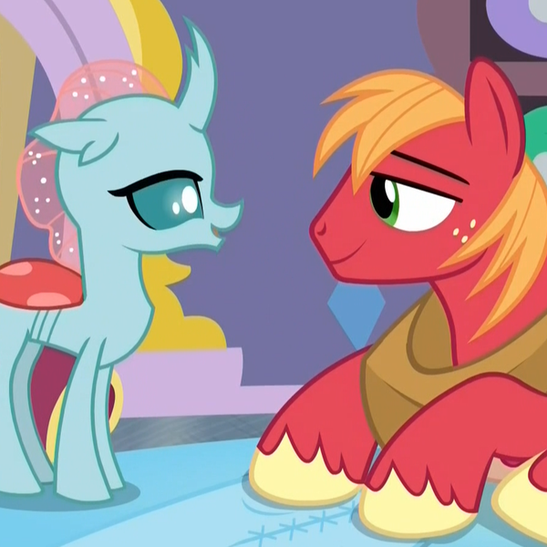 Size: 901x901 | Tagged: safe, derpibooru import, screencap, big macintosh, ocellus, changedling, changeling, earth pony, pony, a horse shoe-in, cropped, eye contact, female, lidded eyes, looking at each other, lying down, male, out of context, stallion, student and teacher, teenager