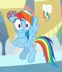 Size: 356x412 | Tagged: safe, derpibooru import, screencap, rainbow dash, pegasus, pony, a horse shoe-in, cropped, crossed hooves, female, floppy ears, flying, mare, school of friendship, shocked, solo, what the hay?, wide eyes