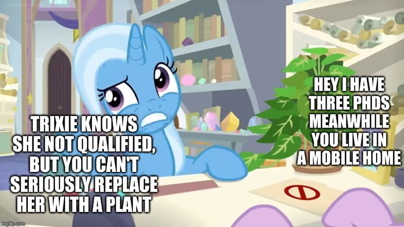 Size: 888x499 | Tagged: safe, derpibooru import, edit, edited screencap, screencap, phyllis, starlight glimmer, trixie, pony, unicorn, a horse shoe-in, bookshelf, caption, desk, female, folder, house plant, image macro, mare, mints, office, philodendron, picture frame, scroll, shelf, text