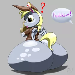 Size: 1440x1440 | Tagged: suggestive, artist:tracerpainter, derpibooru import, derpy hooves, pony, bubble butt, butt, confused, dialogue, dock, huge butt, impossibly large butt, large butt, mailmare, mailpony, question mark, simple background, solo, the ass was fat, tongue out, wavy mouth, wide hips