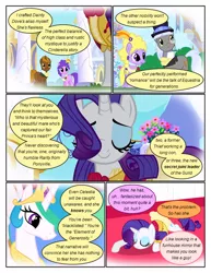 Size: 612x792 | Tagged: safe, artist:newbiespud, derpibooru import, edit, edited screencap, screencap, caesar, chocolate tail, count caesar, lyrica lilac, princess celestia, purple wave, rarity, alicorn, earth pony, pony, unicorn, comic:friendship is dragons, background pony, big crown thingy, bowing, comic, dialogue, element of magic, ethereal mane, eyes closed, female, flower, hat, jewelry, male, mare, monocle, necklace, pearl necklace, regalia, rose, screencap comic, stallion, top hat, worried