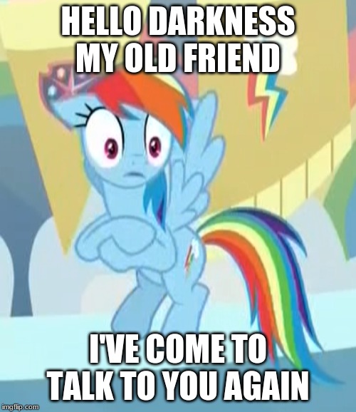 Size: 500x578 | Tagged: safe, derpibooru import, edit, edited screencap, screencap, rainbow dash, pegasus, pony, a horse shoe-in, caption, cropped, crossed hooves, disturbed, female, flying, hello darkness my old friend, image macro, impact font, mare, school of friendship, shocked, simon and garfunkel, solo, song reference, text, the sound of silence, what the hay?, wide eyes