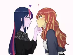 Size: 1024x768 | Tagged: safe, artist:extraluna, derpibooru import, sunset shimmer, twilight sparkle, equestria girls, blushing, duo, female, floating heart, hand on chin, heart, lesbian, looking at each other, pink background, question mark, shipping, simple background, sunsetsparkle, sweat, sweatdrop