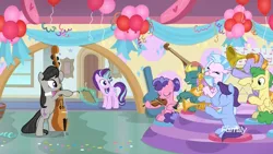 Size: 1920x1080 | Tagged: safe, derpibooru import, screencap, auburn vision, berry blend, berry bliss, end zone, huckleberry, november rain, octavia melody, silverstream, starlight glimmer, classical hippogriff, earth pony, hippogriff, pegasus, pony, unicorn, a horse shoe-in, band, blowing, cello, clarinet, classroom, discovery family logo, eyes closed, female, friendship student, glowing horn, hoof hold, horn, magic, magic aura, male, mare, musical instrument, puffy cheeks, saxophone, school of friendship, sitting, stallion, teenager, telekinesis, triangle, trombone, trumpet, violin