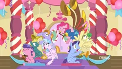 Size: 1920x1080 | Tagged: safe, derpibooru import, screencap, auburn vision, berry blend, berry bliss, end zone, huckleberry, november rain, pinkie pie, silverstream, classical hippogriff, earth pony, hippogriff, pegasus, pony, unicorn, a horse shoe-in, band, clarinet, classroom, dexterous hooves, discovery family logo, door, female, friendship student, frown, gasp, grimace, gritted teeth, hoof hold, interrupted, male, mare, musical instrument, noisy, open mouth, saxophone, scared, school of friendship, shocked, shrunken pupils, sitting, stallion, surprised, teenager, triangle, trombone, trumpet, violin, wide eyes, yovidaphone