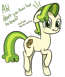 Size: 2939x3485 | Tagged: safe, artist:czu, derpibooru import, pistachio, earth pony, pony, best gift ever, cute, dialogue, embarrassed, floppy ears, pistachiaww, simple background, solo, transparent background, we don't normally wear clothes