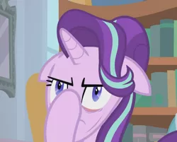 Size: 820x659 | Tagged: safe, derpibooru import, screencap, starlight glimmer, pony, unicorn, a horse shoe-in, bookshelf, cropped, facehoof, faic, female, floppy ears, great moments in animation, mare, solo