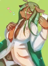 Size: 738x1000 | Tagged: suggestive, artist:flyger, derpibooru import, queen chrysalis, anthro, belly button, blushing, breasts, busty queen chrysalis, clothes, cute, cutealis, female, green background, hoodie, panties, phone, photo, pixiv, reversalis, ribbon, simple background, solo, underwear, undressing, white underwear