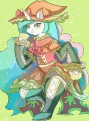 Size: 738x1000 | Tagged: safe, artist:flyger, derpibooru import, princess celestia, pony, clothes, cosplay, costume, green background, hat, looking at you, pixiv, simple background, solo, tongue out