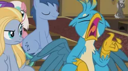Size: 1271x710 | Tagged: safe, derpibooru import, screencap, bifröst, blues, dark moon, fuchsia frost, gallus, goldy wings, graphite, noteworthy, earth pony, gryphon, pony, unicorn, a horse shoe-in, annoyed, bored, brat, chest feathers, claws, disrespectful, eyes closed, female, friendship student, glare, head feathers, male, mare, obnoxious, raised eyebrow, sin of pride, spread wings, talons, teenager, unamused, wings, yawn, young mare