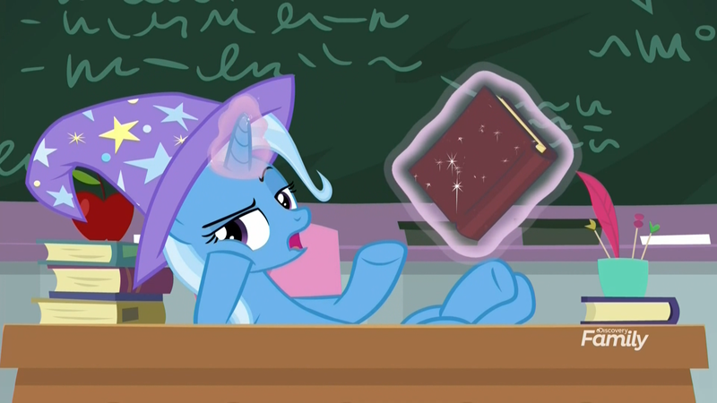 Size: 1920x1080 | Tagged: safe, derpibooru import, screencap, trixie, pony, unicorn, a horse shoe-in, annoyed, apple, book, bored, chalkboard, clothes, crossed legs, desk, discovery family logo, female, food, gesture, glowing horn, hat, hoof on cheek, horn, levitation, lidded eyes, looking at you, magic, mare, quill pen, raised eyebrow, solo, telekinesis, trixie's hat