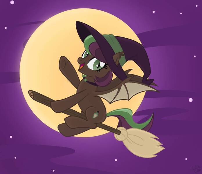 Size: 963x830 | Tagged: safe, artist:pgthehomicidalmaniac, derpibooru import, oc, oc:potion bottle, unofficial characters only, bat pony, pony, broom, female, flying, flying broomstick, hat, mare, moon, night, solo, witch hat