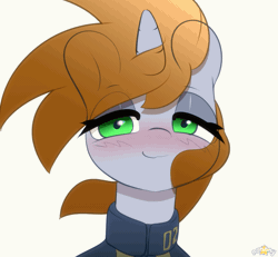 Size: 1125x1040 | Tagged: safe, artist:n0nnny, derpibooru import, oc, oc:littlepip, unofficial characters only, pony, unicorn, fallout equestria, fanfic, animated, awww, blushing, bust, clothes, commission, cute, dawwww, eye clipping through hair, fanfic art, female, frame by frame, gif, headbob, horn, looking at you, mare, ocbetes, pipabetes, portrait, simple background, solo, vault suit, white background