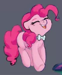 Size: 1196x1445 | Tagged: safe, artist:pucksterv, derpibooru import, pinkie pie, twilight sparkle, earth pony, pony, bowtie, cute, diapinkes, eyes closed, female, gray background, mare, open mouth, simple background, smiling, solo focus