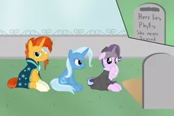 Size: 2400x1600 | Tagged: safe, artist:mightyshockwave, derpibooru import, phyllis, starlight glimmer, sunburst, trixie, pony, unicorn, a horse shoe-in, annoyed, beavis and butthead, cape, cemetery, clothes, crying, dress, female, funeral, glasses, gravestone, handkerchief, male, mare, overreaction, phyllis no!, reference, robe, sad, see-through, shitposting, stallion, sunburst is not amused, sunburst's robe, trixie is not amused, unamused, veil