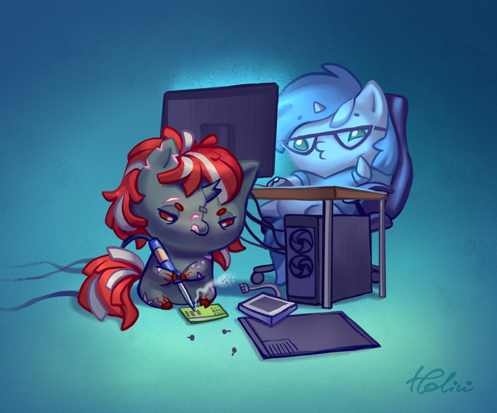 Size: 1378x1146 | Tagged: safe, artist:holivi, derpibooru import, oc, pony, unicorn, broken horn, chibi, circuit board, commission, computer, duo, horn, soldering iron