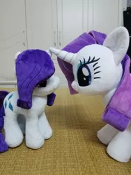 Size: 1440x1920 | Tagged: safe, artist:nekokevin, derpibooru import, rarity, pony, unicorn, 4de, duality, duo, female, irl, looking at each other, mare, photo, plushie, self ponidox, size difference, smiling