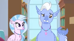 Size: 1600x900 | Tagged: a horse shoe-in, book, bookshelf, classical hippogriff, confused, derpibooru import, father and child, father and daughter, female, hippogriff, jewelry, male, necklace, safe, screencap, silverstream, sky beak, teenager, window