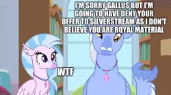 Size: 888x499 | Tagged: a horse shoe-in, book, bookshelf, caption, classical hippogriff, derpibooru import, edit, edited screencap, female, hippogriff, image macro, implied gallstream, implied gallus, jewelry, male, marriage proposal, necklace, safe, screencap, silverstream, sky beak, teenager, text, window, wtf