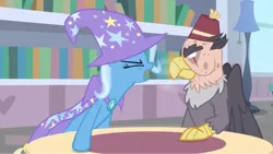 Size: 1594x900 | Tagged: safe, derpibooru import, screencap, grampa gruff, trixie, gryphon, pony, unicorn, a horse shoe-in, blind eye, book, bookshelf, breath, cape, clothes, female, hat, lamp, library, mare, trixie's cape, trixie's hat, yelling