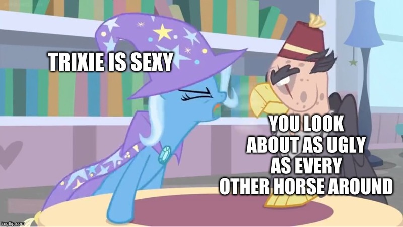 Size: 885x500 | Tagged: safe, derpibooru import, edit, edited screencap, screencap, grampa gruff, trixie, gryphon, pony, unicorn, a horse shoe-in, blind eye, book, bookshelf, breath, burned, burnt, cape, caption, clothes, duo, female, hat, image macro, lamp, library, male, mare, meme, text, trixie yells at everything, trixie's cape, trixie's hat, yelling