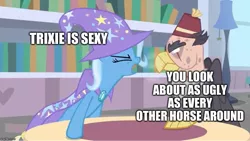 Size: 885x500 | Tagged: safe, derpibooru import, edit, edited screencap, screencap, grampa gruff, trixie, gryphon, pony, unicorn, a horse shoe-in, blind eye, book, bookshelf, breath, burned, burnt, cape, caption, clothes, duo, female, hat, image macro, lamp, library, male, mare, meme, text, trixie yells at everything, trixie's cape, trixie's hat, yelling