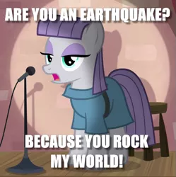 Size: 521x523 | Tagged: safe, derpibooru import, edit, edited screencap, screencap, maud pie, earth pony, pony, the maud couple, caption, clothes, cropped, female, image macro, mare, microphone, pickup lines, pun, solo, text