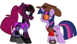 Size: 8922x5114 | Tagged: alicorn, artist:ejlightning007arts, boots, clothes, crossover, derpibooru import, eye scar, female, hat, lesbian, looking at each other, overwatch, ponytail, safe, scar, shipping, shoes, simple background, sniper, sunglasses, team fortress 2, tempestlight, tempest shadow, transparent background, twilight sniper, twilight sparkle, twilight sparkle (alicorn), vector, watch, widowmaker, widowtempest