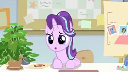 Size: 1600x900 | Tagged: safe, derpibooru import, screencap, doctor whooves, phyllis, starlight glimmer, time turner, trixie, pony, unicorn, a horse shoe-in, bulletin board, desk, female, folder, house plant, mare, mints, office, philodendron, photos