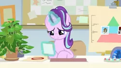 Size: 1600x900 | Tagged: safe, derpibooru import, screencap, doctor whooves, octavia melody, phyllis, starlight glimmer, time turner, pony, unicorn, a horse shoe-in, bulletin board, chart, desk, easel, female, folder, house plant, levitation, magic, mare, office, philodendron, photos, picture frame, pyramid, sad, telekinesis