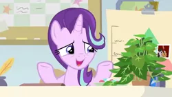 Size: 1600x900 | Tagged: safe, derpibooru import, screencap, octavia melody, phyllis, starlight glimmer, pony, unicorn, a horse shoe-in, bulletin board, chart, desk, female, grin, house plant, inkwell, mare, nervous, nervous grin, office, philodendron, photo, quill, shrug, smiling
