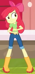 Size: 501x1045 | Tagged: safe, derpibooru import, screencap, apple bloom, equestria girls, equestria girls series, holidays unwrapped, spoiler:eqg series (season 2), apple bloom's bow, boots, bow, clothes, cropped, female, hair bow, jeans, looking at something, pants, shoes, solo, the cider louse fools
