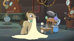 Size: 1600x896 | Tagged: safe, derpibooru import, screencap, doctor whooves, time turner, pony, a horse shoe-in, blanket, chair, chamber, clock, colander, cup, duct tape, flask, jar, laboratory, ladle, mug, solo, tape, vacuum cleaner